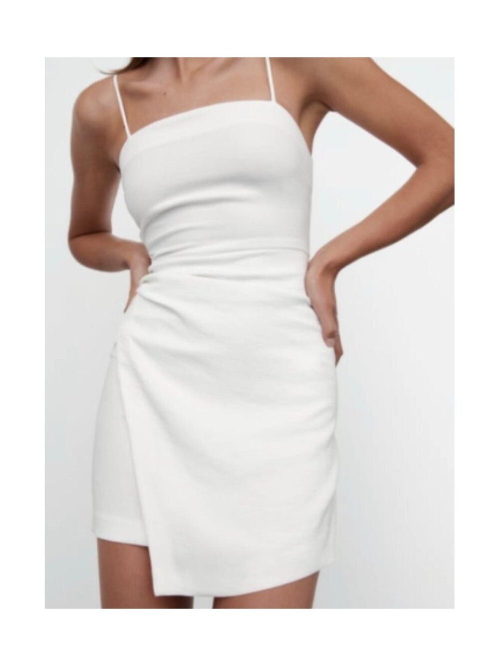 Zara Ruched Mini Dress Oyster White Spaghetti Strap S